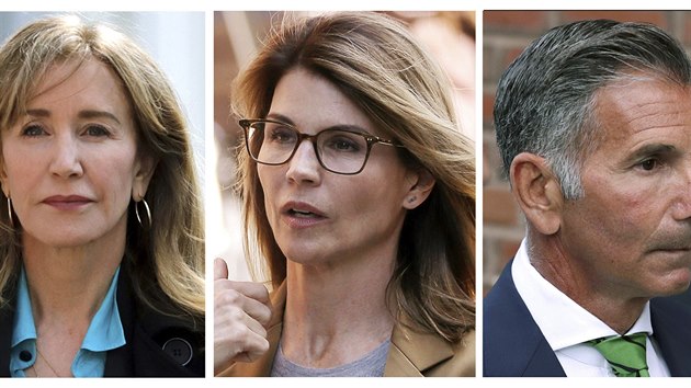 Felicity Huffmanov, Lori Loughlinov a Mossimo Giannulli u soudu kvli zfalovanm pijmakm (Boston, 3. dubna 2019)