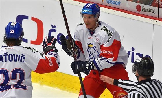 Martin Zaovi (vlevo) a Tomá Fot slaví gól eského hokejového týmu v duelu...