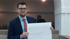 Šéf poslanců Pirátů Jakub Michálek s tabullskou s přehledem povinností, kterou... Šéf poslanců Pirátů Jakub Michálek s tabullskou s přehledem povinností, kterou...