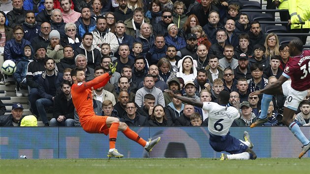 Michail Antonio z West Hamu (vpravo) skruje v utkn proti Tottenhamu.