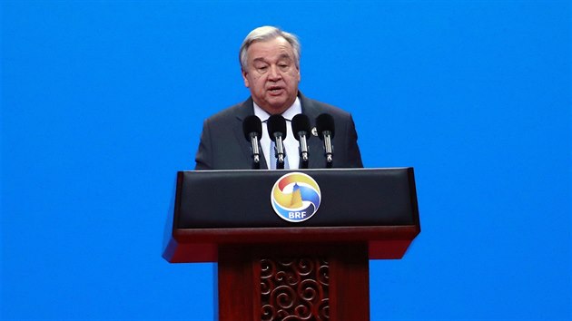 Generln tajemnk Organizace spojench nrod Antnio Guterres na fru projektu nov Hedvbn stezky v nskm Pekingu (26. dubna 2019)