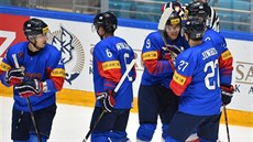 Gólová radost korejských hokejistů v duelu se Slovinskem. Gólová radost korejských hokejistů v duelu se Slovinskem.