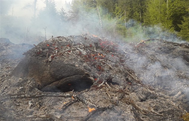Hasii likvidují na Tanvaldském piáku rozsáhlý poár lesa. (8. kvtna 2019)