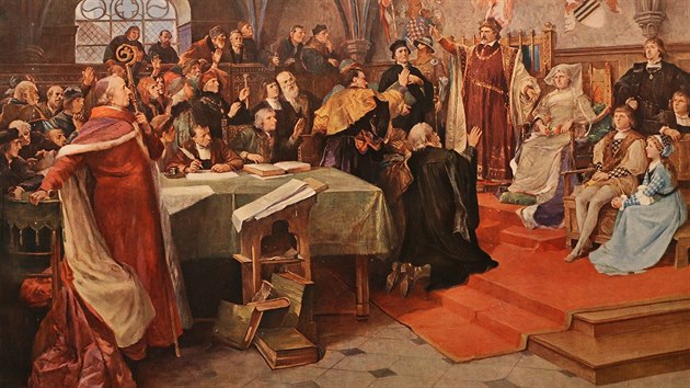 Obraz nazvan Prohlen Jiho z Podbrad o ve r. 1462. Velkoplon pltna Schichtovy epopeje znzoruj zlomov okamiky esk sttnosti.