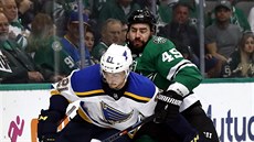 Roman Polák (45) z Dallasu se snaží zpomalit Tylera Bozaka ze St. Louis. Roman Polák (45) z Dallasu se snaží zpomalit Tylera Bozaka ze St. Louis.