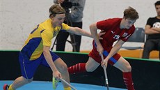 Momentka z finálového klání MS juniorů mezi Českem (červená) a Švédskem. Momentka z finálového klání MS juniorů mezi Českem (červená) a Švédskem.