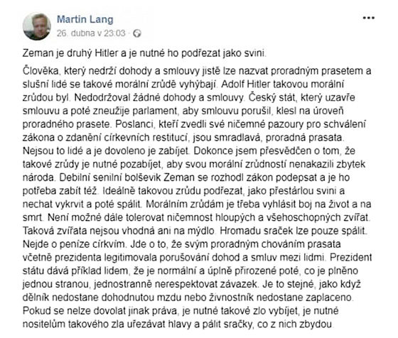 Zastupitel z Jesenice u Prahy a len tamn ODS Martin Lang oznail prezidenta...