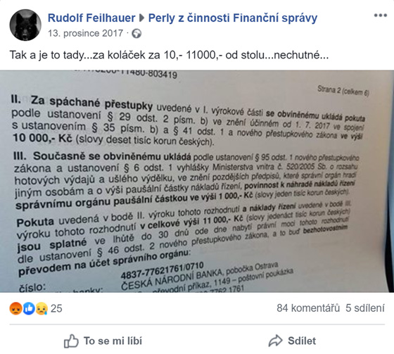 Facebookovı příspěvek ze skupiny pro Perly z činnosti Finanční správy