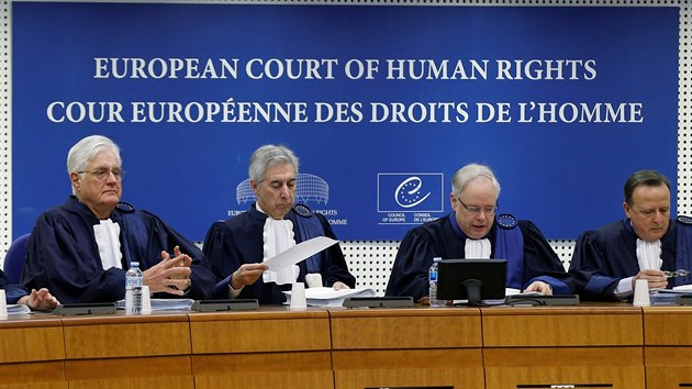 Soudci Evropskho soudu pro lidsk prva, kte zasedaj v soudn sni na zatku slyen tkajcho se ppadu Vincenta Lamberta ve trasburku. (7. ledna 2015)