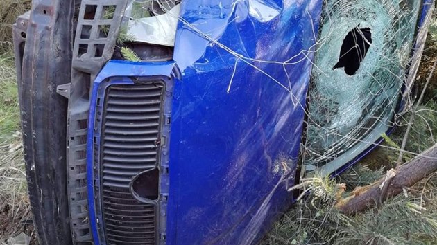 idii kody Fabie vjel pi havrii do nzkho lesnho porostu. Pevrcen auto nebylo ze silnice vbec vidt. (25. 5. 2019)