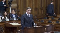 Srbský prezident Aleksandar Vui hovoí v parlamentu v Blehrad o kosovské...