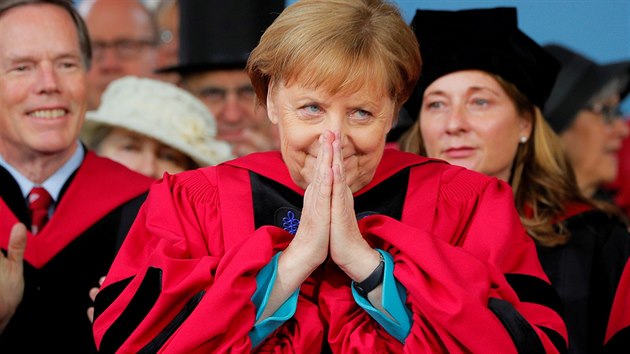 Nmeck kanclka Angela Merkelov pevzala na americk univerzit v Harvardu estn doktort. Ve svm projevu nepmo kritizovala americkho prezidenta Donalda Trumpa (30.5.2019).