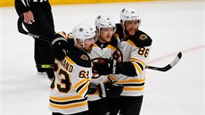 Brad Marchand, Torey Krug a David Pastrák (zleva) po gólové tref Bostonu.