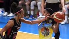 Janee Thompsonová (vpravo) v dresu Piešťan útočí kolem Pamely-Therese Effangové... Janee Thompsonová (vpravo) v dresu Piešťan útočí kolem Pamely-Therese Effangové...