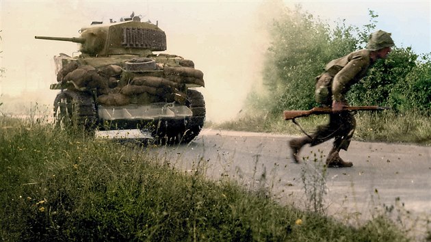 Digitálně kolorovaná dobová fotografie lehkého tanku M5 Stuart s improvizovanou... Digitálně kolorovaná dobová fotografie lehkého tanku M5 Stuart s improvizovanou...