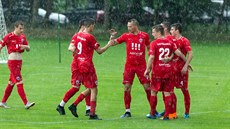 Gólová radost fotbalistů Vítkovic v přípravném utkání. Gólová radost fotbalistů Vítkovic v přípravném utkání.