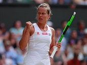 The winning gesture of Barbora Strýcova in the quarterfinals of Wimbledon.