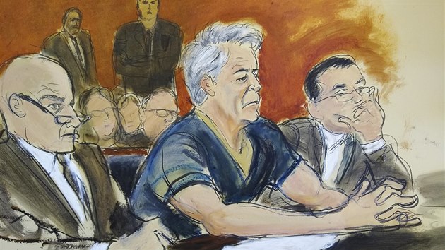 Skica ze soudn sn, uprosted obvinn miliard Jeffrey Epstein, vlevo obhjce Martin Weinberg, vpravo obhjce Marc Fernich bhem soudnho stn ped newyorskm federlnm soudem. (8. ervence 2019)