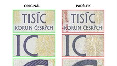 Tři různě velké detaily tiskového obrazce pravé bankovky a padělku Tři různě velké detaily tiskového obrazce pravé bankovky a padělku