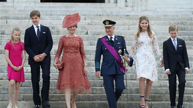 Belgick princezna Eleonore, princ Gabriel, krlovna Mathilde, krl Philippe, korunn princezna Elisabeth a princ Emmanuel (Brusel, 21. ervence 2019)