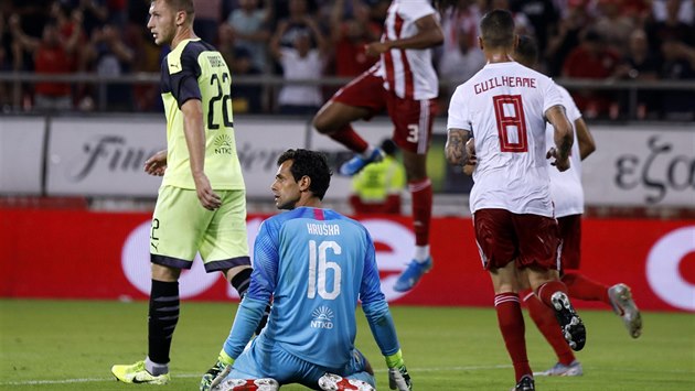 Plzeňský brankář Aleš Hruška na kolenou, právě po svém zaváhání inkasoval gól... Plzeňský brankář Aleš Hruška na kolenou, právě po svém zaváhání inkasoval gól...