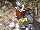 Binec okolo odpadkového koše v lesoparku v Kamýku nedaleko ulice Kabeláčova. Binec okolo odpadkového koše v lesoparku v Kamýku nedaleko ulice Kabeláčova.