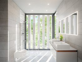 Pohled do jedné z koupelen se sprchovým koutem a píjemným výhledem do zelen. 