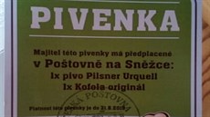 Poukázka na pivo, kterou podvodníci uplatnili v poštovně na Sněžce. Poukázka na pivo, kterou podvodníci uplatnili v poštovně na Sněžce.