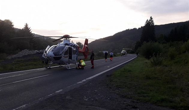 K tragické nehod u obce Lideko v pátek vzlétly dva vrtulníky (9. srpna 2019).