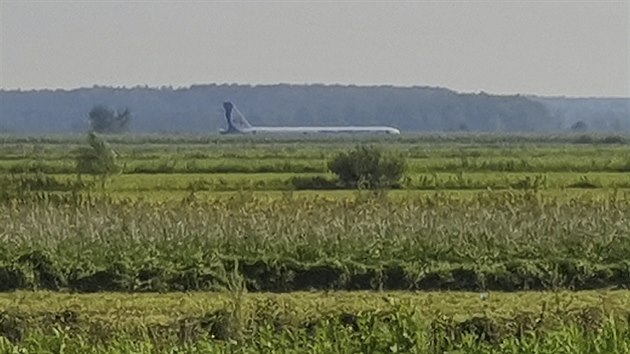 Letadlo Airbus A321 nouzov pistlo se zataenm podvozkem a hocm motorem v kukuinm poli u Moskvy. (15. 8. 2019)