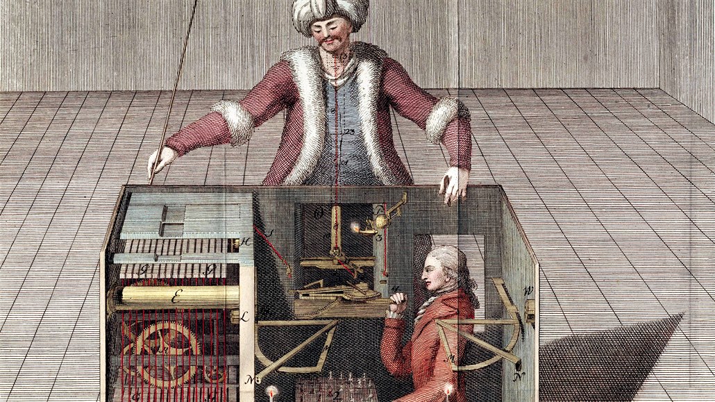 Racknitzv prez strojem s ukrytým hráem drobného vzrstu (1789).