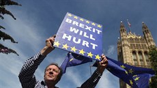 Muž, který protestuje proti Brexitu drží v ruce ceduli s nápisem „Brexit bude... Muž, který protestuje proti Brexitu drží v ruce ceduli s nápisem „Brexit bude...