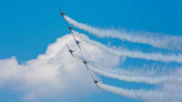 Vystoupen slavn francouzsk skupiny Breitling Jet Team na v tuzemsku vyrobench letounech L-39C Albatros. (31. srpna 2019)