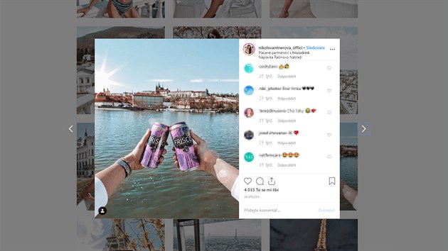 Nikol vantnerov na svm instagramovm tu propaguje alkoholick npoj Frisco. (fotografie v pspvcch jsou oznaeny jako placen partnerstv s friscodrinks)