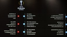 Velkoplošná obrazovka ukazuje rozlosování základních skupin Evropské ligy. Velkoplošná obrazovka ukazuje rozlosování základních skupin Evropské ligy.