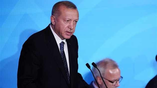 Tureck prezident Recep Tayyip Erdogan pi projevu na klimatickm summitu OSN v New Yorku. (23. z 2019)
