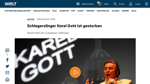 Zprva o mrt zpvka Karla Gotta na nmeckm zpravodajskm serveru Welt.de