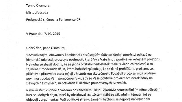 Dopis historika Michala Stehlka pedsedovi SPD Tomiu Okamurovi.