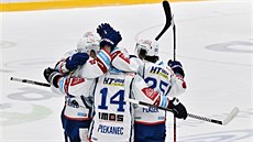 Brněnští hokejisté slaví gól v duelu s Libercem. Brněnští hokejisté slaví gól v duelu s Libercem.