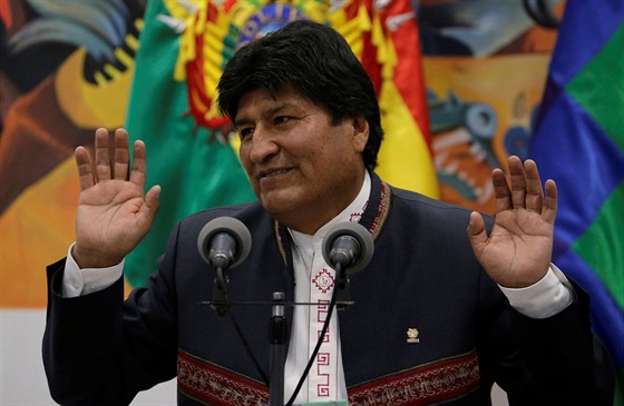 Bolívijský prezident Evo Morales mluví na tiskové konferenci v paláci La Casa...