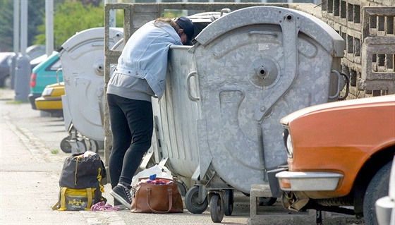 Bezdomovec se snaí najít v kontejneru nco uiteného. Ilustraní foto.