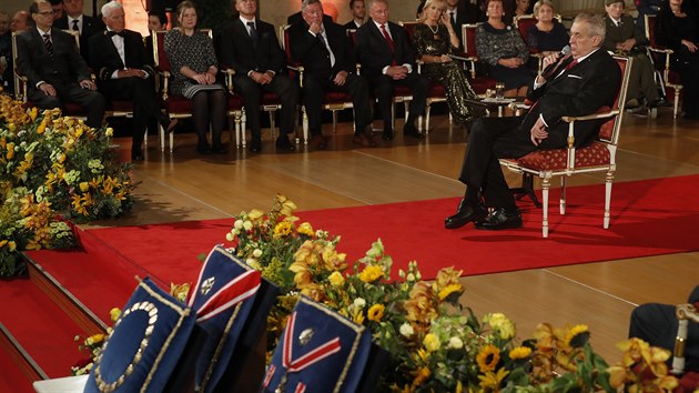 Prezident Milo Zeman pronesl na zatek slavnostnho ceremonilu projev. (28. jna 2019)