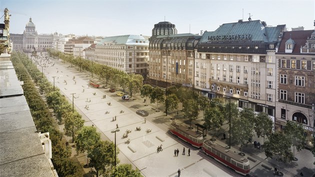 Nov vizualizace rekonstrukce Vclavskho nmst s tramvajovou trat vedenou po boku ulice. (21. 10. 2019)