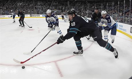 Šťastný smolař. Hertla hecoval Gretzky. Láká ho džungle. A proč je milý? Tomáš Hertl ze San Jose u puku během duelu s Winnipegem. | na serveru Lidovky.cz | aktuální zprávy