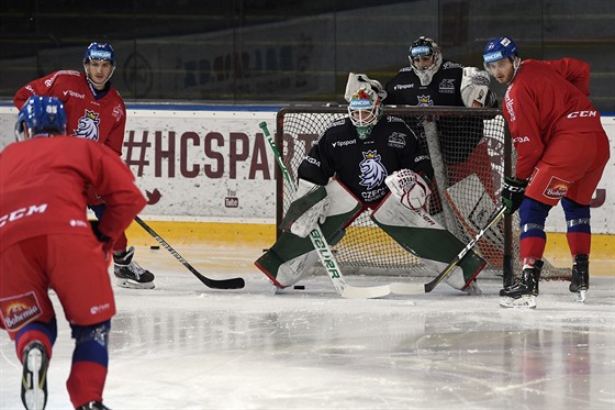 Brankái Roman Will (v popedí) a Marek Langhamer na tréninku eské hokejové...