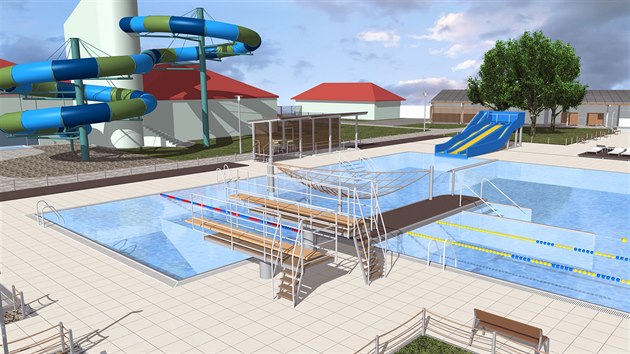 Plánovaná podoba venkovního koupaliště u akvaparku v Uherském Brodě.
