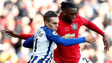 Aaron Wan-Bissaka z Manchesteru United (vpravo) bojuje o mí s Leandrem...