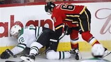 Radek Faksa z Dallasu padá po souboji s Michaelem Frolíkem z Calgary. Radek Faksa z Dallasu padá po souboji s Michaelem Frolíkem z Calgary.
