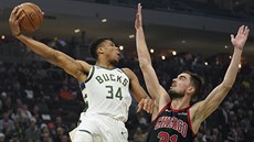 Tomá Satoranský (vpravo) z Chicaga brání Janise Adetokunba z Milwaukee.