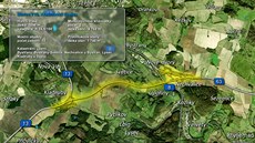 Zhruba pět kilometrů dlouhá silnice (žlutě) má propojit trasu od Mostu s... Zhruba pět kilometrů dlouhá silnice (žlutě) má propojit trasu od Mostu s...